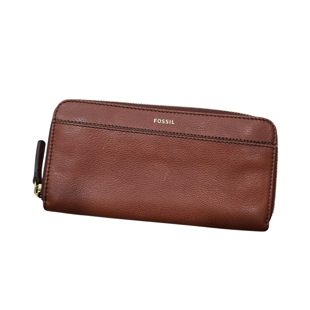Fossil Logan Zip Around Clutch Wallet Womens Large Brown Pebbled Leather